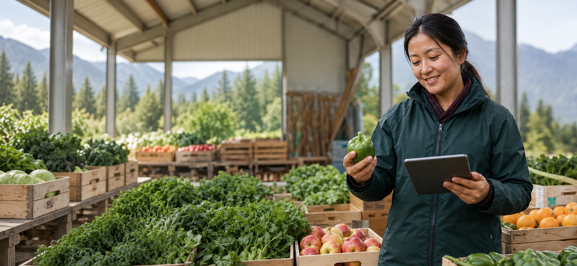 A plant-health inspector checking fresh produce with a tablet